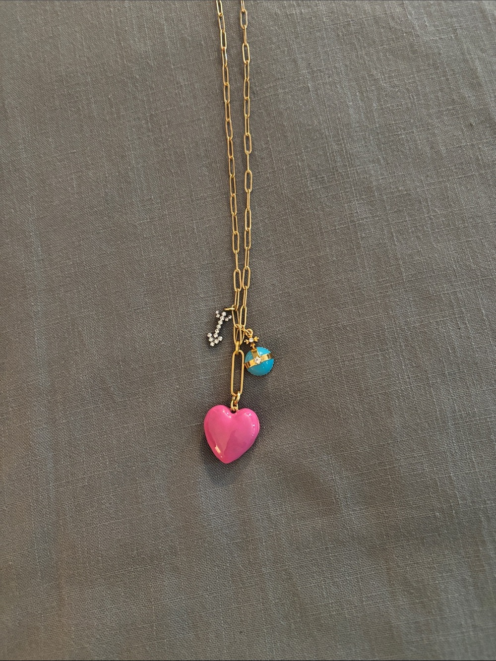 Gold Chain Necklace with Pink Heart and Turquoise Orb Charms - Picture 2 of 3